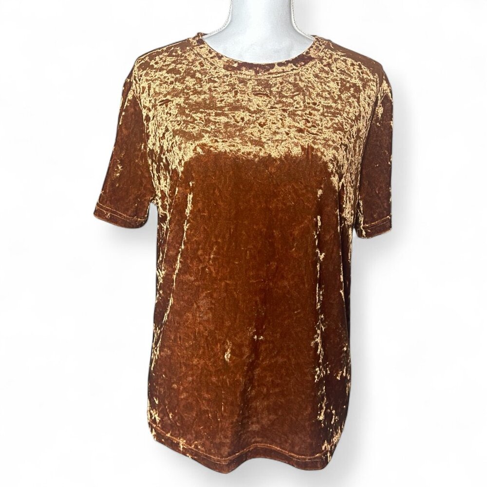 Velvet Large Bronze Crew Neck Short Sleeve Casual Retro Style Shirt Velour Top